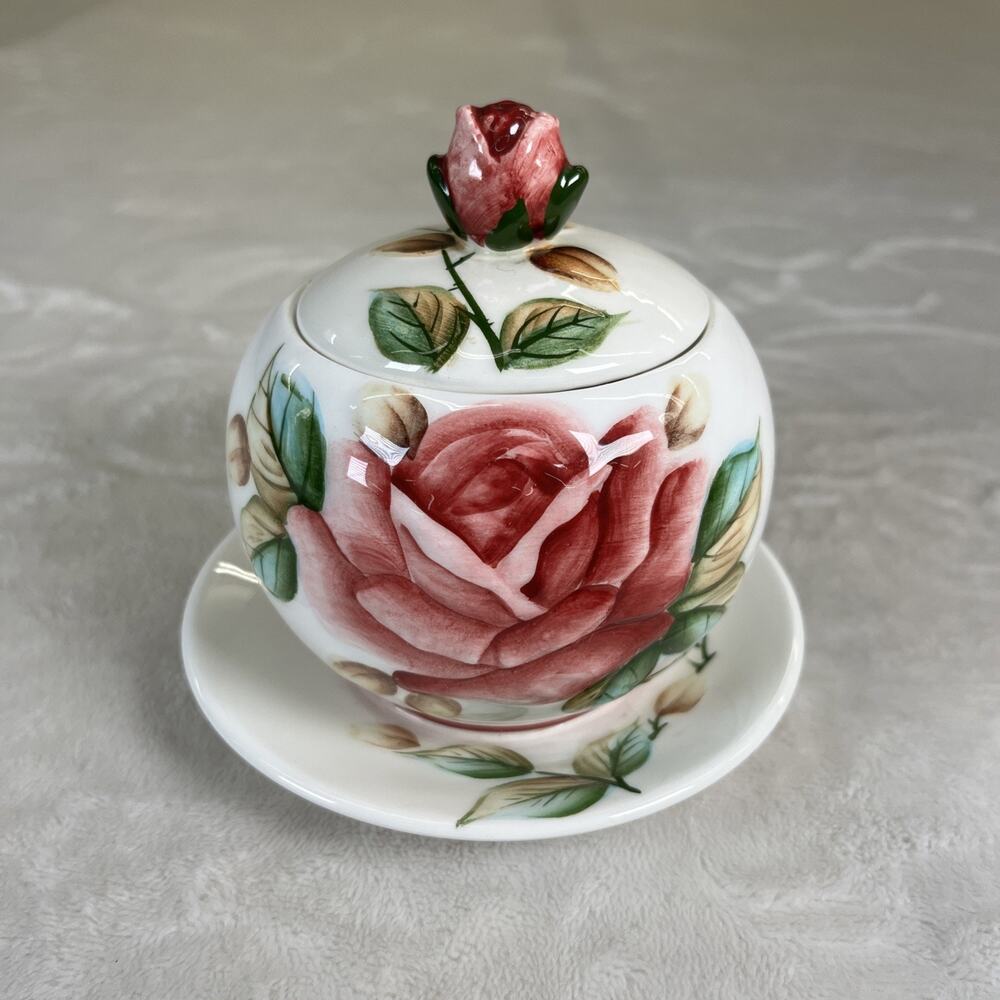 Lefton Handpainted Jelly/Jam Dish, Americana Rose Design 5”x 5” w/o Spoon Chrty